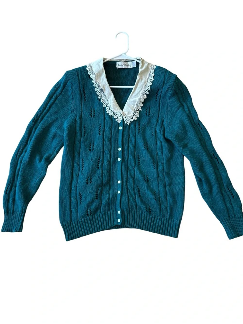 Vintage Cable Knit Cottagecore Cardigan Sweater Lace Collar Pointelle Size: S